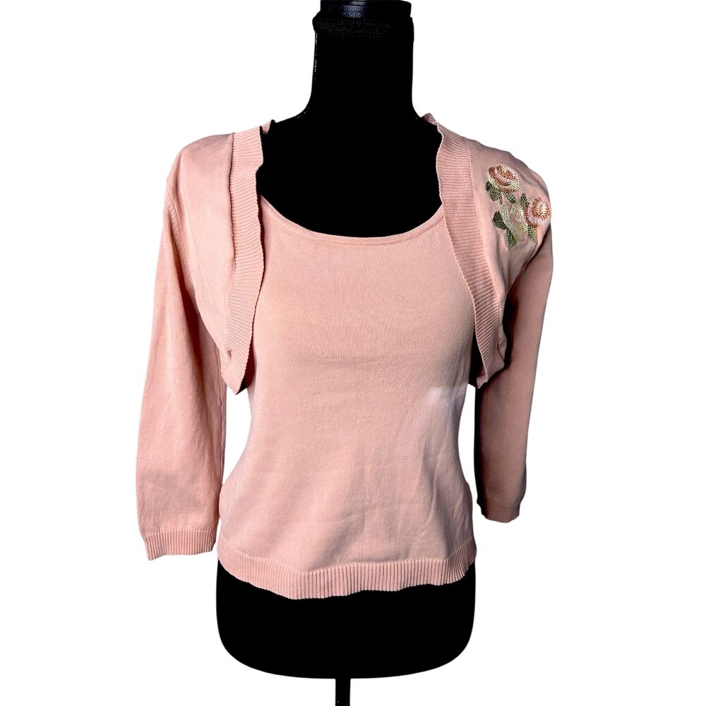 Vintage Womens Peach Knit Sleeveless Top Bolero Shrug Sz PS Embroidered Silk Set